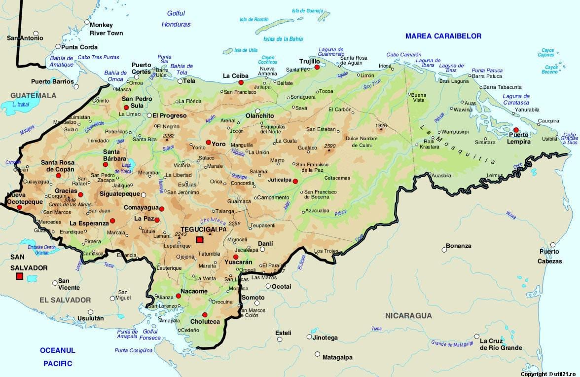 քարտեզ Հոնդուրասի և հարևան երկրների